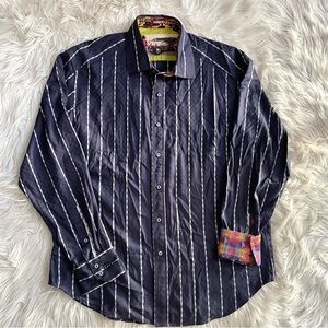 Robert Graham Button Down Navy White Striped Check Shirt XL